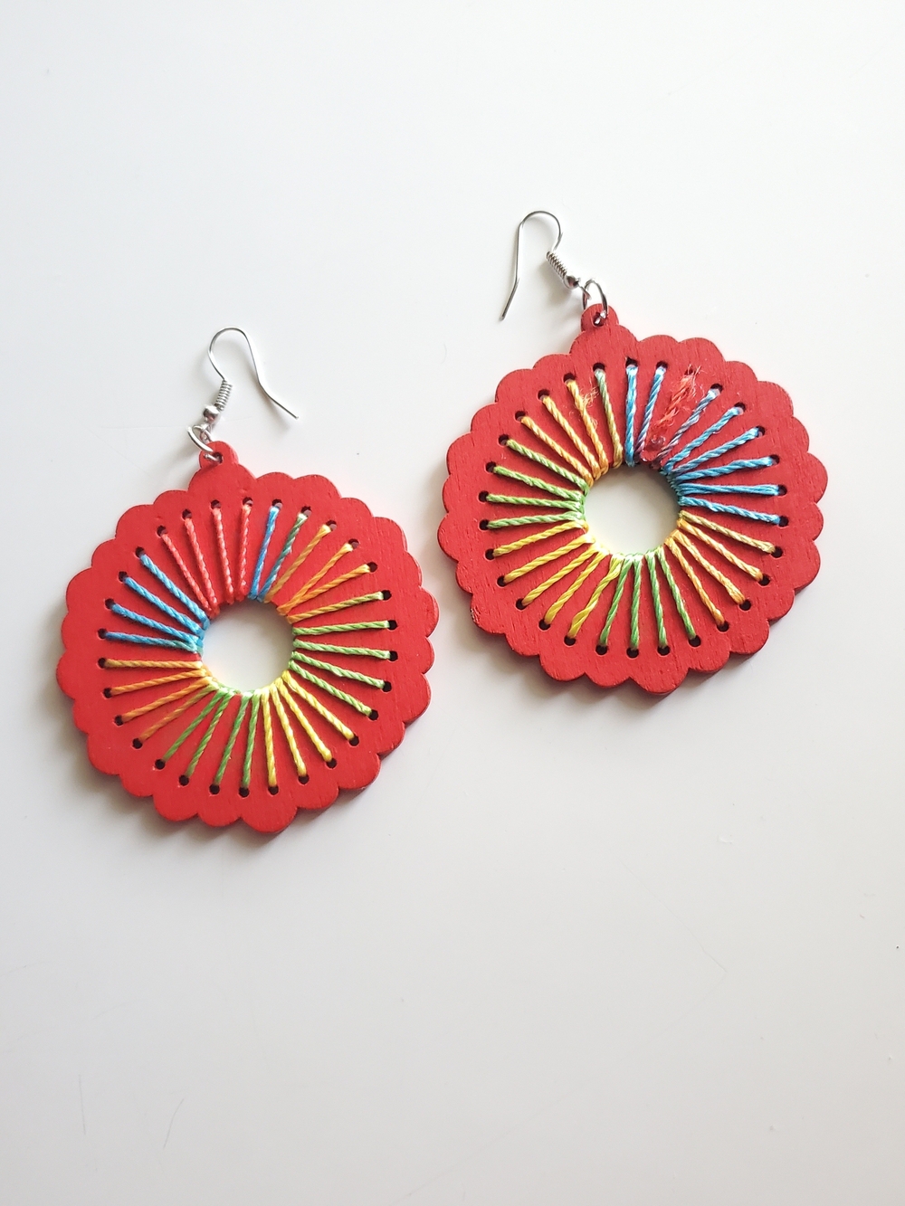 Red Multicolor Threaded Circle Drop Earrings